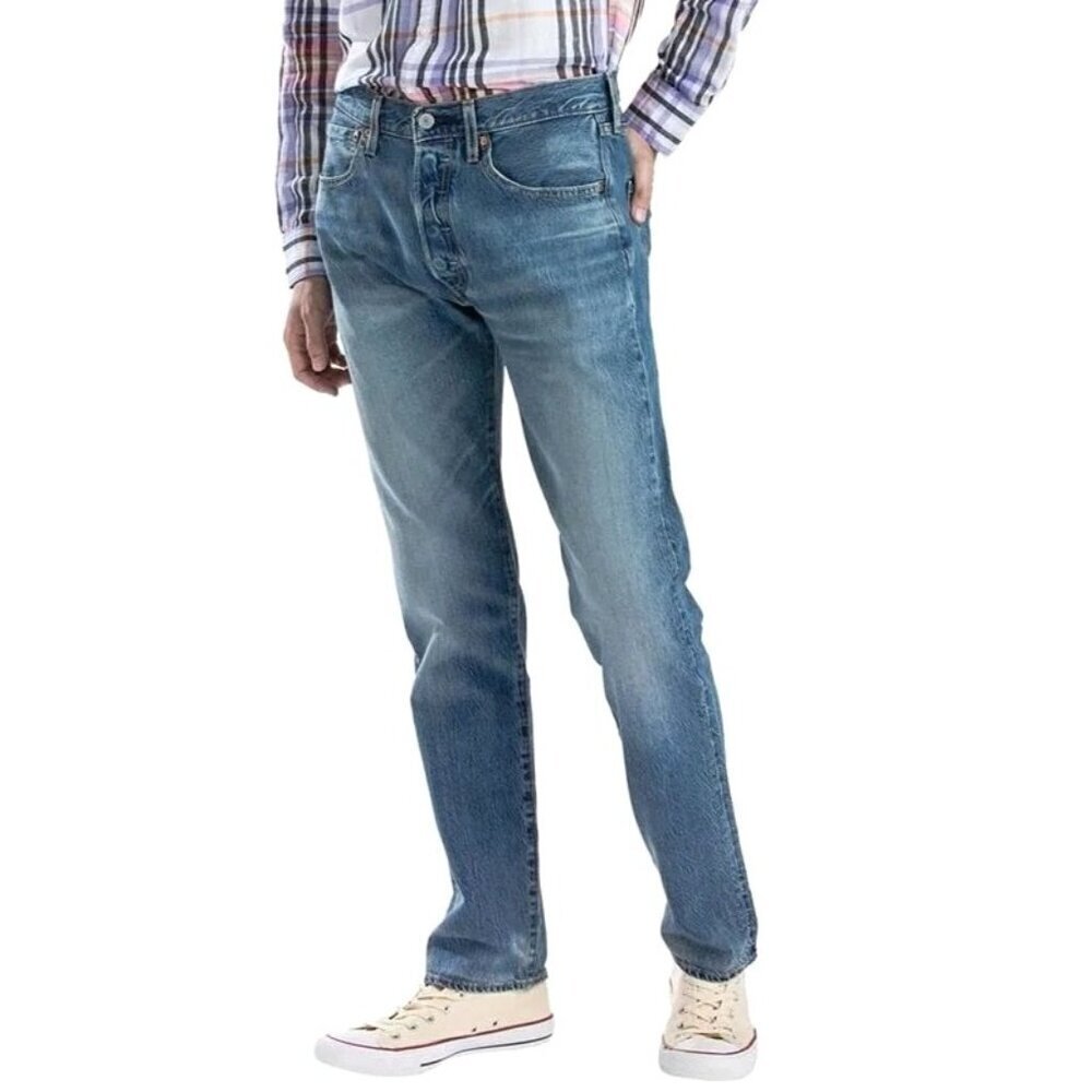 Levis‎ Premium Jeans Men 32 Blue Medium Wash Cotton Blend Taper Fit Zipper Fly